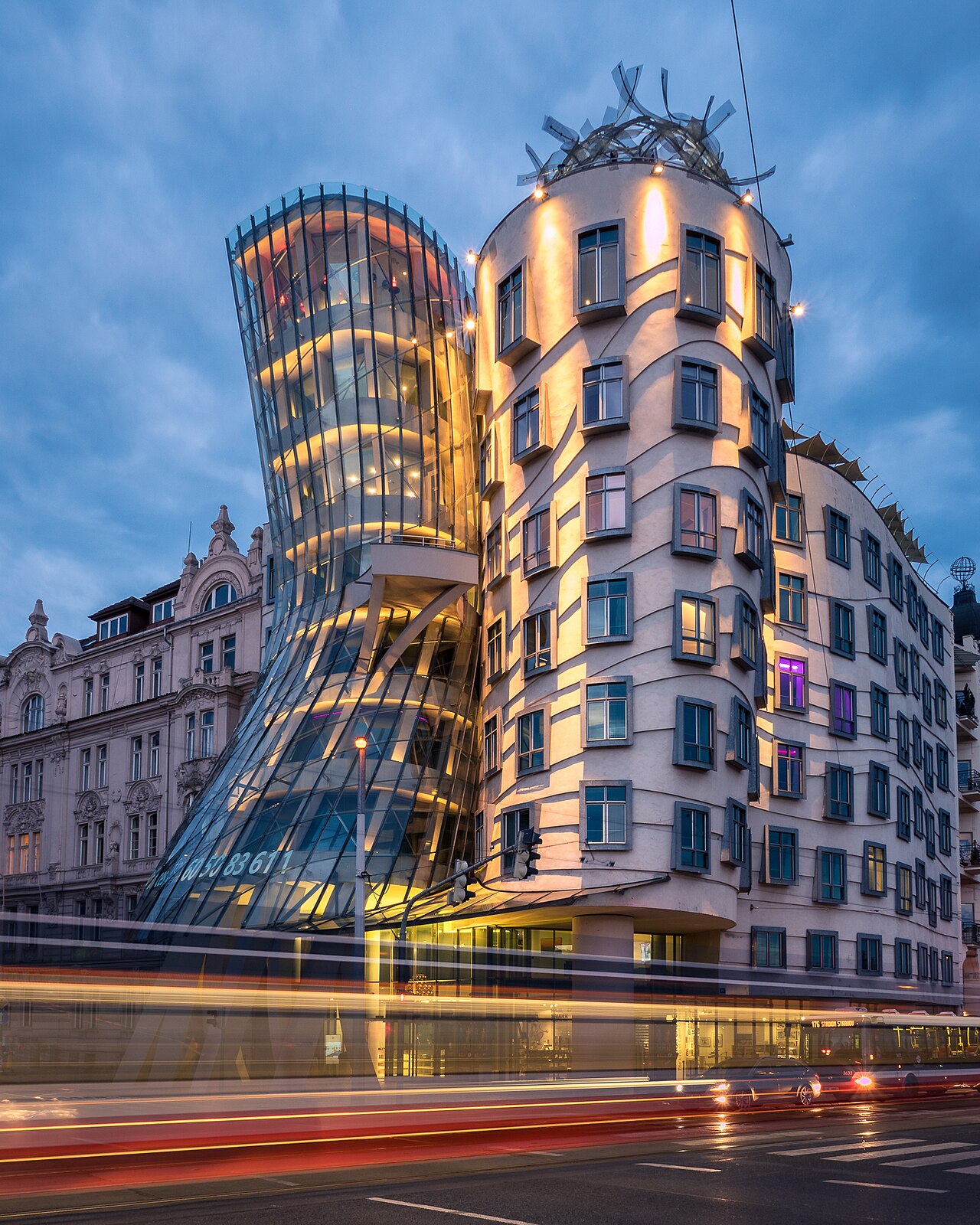 The Dancing House with its curving glass tower