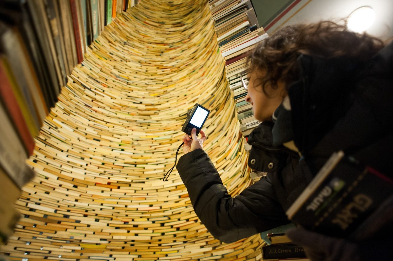 Book tower sculpture at a Prague municipal library